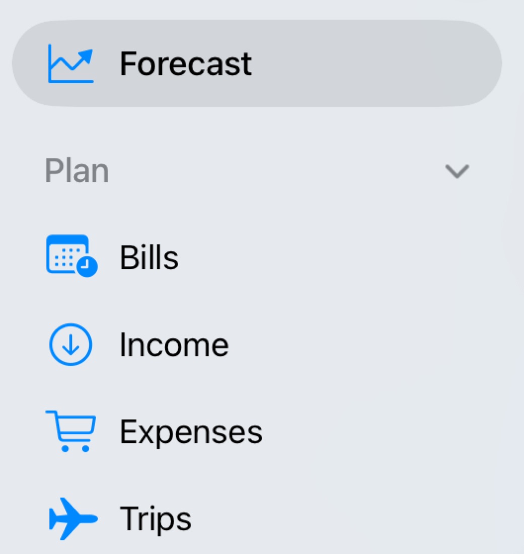 Sidebar with Forecast, Bills, Income, Expenses and Trips